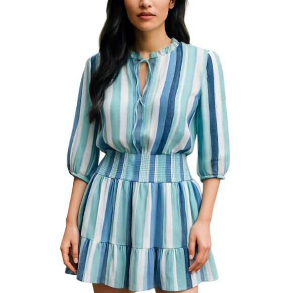Pinch Dresses & Skirts - Pinch Blue Striped Long Sleeve Ruffle Tie Neck Smocked Blouson Mini Dress Size S